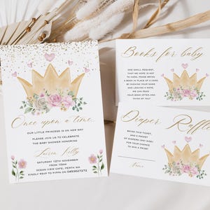 Prinzessin Babypartyeinladung, Prinzessin Bücher für Baby & Windel, Verlosungskarte, Prinzessin Baby Dankeskarte, Prinzessin Krone
