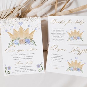 Prinzessin Babypartyeinladung, Prinzessin Bücher für Baby & Windel, Verlosungskarte, Prinzessin Baby Dankeskarte, Prinzessin Krone
