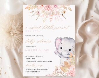 May include: A baby shower invitation with a watercolor illustration of a pink and gray elephant with floral accents. The text reads "a sweet little peanut is on her way". The invitation is for a baby shower honoring Miller & Joel on Saturday, July 14th from 10am to 1pm at 123 Lagoon Drive, Perth WA. RSVP to Holly by August 2nd at 0456776565.