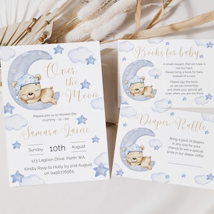 Bewerkbare over de maan baby shower uitnodiging blauwe teddybeer baby shower uitnodigen maan en sterren partij afdrukbare baby jongen baby strooi decor