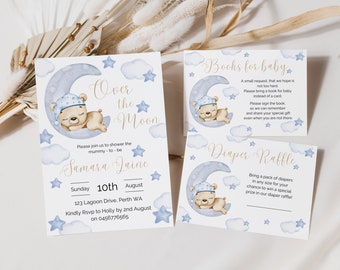Editable over the moon baby shower invitation blue teddy bear baby shower invite moon and stars party printable baby boy baby sprinkle decor