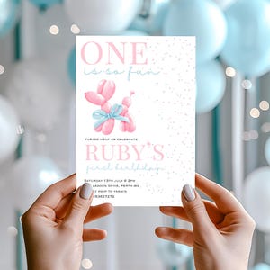 Invitación de perro con globos para el primer cumpleaños de una niña, invitación de confeti pastel, invitación con moño coqueto, uno es muy divertido, invitación de arcoíris, fiesta de globos
