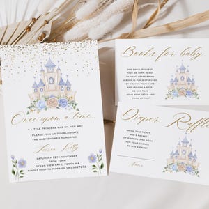 Prinzessin Babypartyeinladung Reihe, Prinzessin Bücher für Baby und Windel Verlosungskarte, Prinzessin Baby Dankeskarte, Prinzessin Schloss laden ein