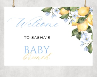 May include: A white sign with the words "Welcome to Sasha's Baby Brunch" in blue and gold script. The sign is decorated with watercolor lemons, green leaves, and blue flowers. The sign is hanging from a string.
