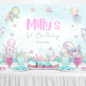 Bajo el banner de fondo de la fiesta de cumpleaños de las niñas del mar, Oneder the sea party imprimible, banner del primer cumpleaños de las niñas, plantilla de fondo de la fiesta 007