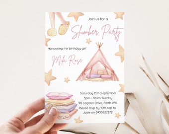 May include: A pink and white slumber party invitation with a watercolor illustration of a teepee tent, stars, and a pair of slippers. The text reads "Join us for a Slumber Party" and "Honouring the birthday girl Mila Rose".