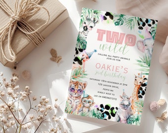 Verjaardagsuitnodiging twee wilde safaridieren, verjaardagsuitnodiging safari feestbeesten, junglefeestdecor, safari verjaardagsdecor, wilde dieren