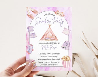 May include: A pink and purple slumber party invitation with a watercolor illustration of a teepee tent, pajamas, slippers, and popcorn. The text reads "Join us for a Slumber Party" and "Honouring the birthday girl Mila Rose".