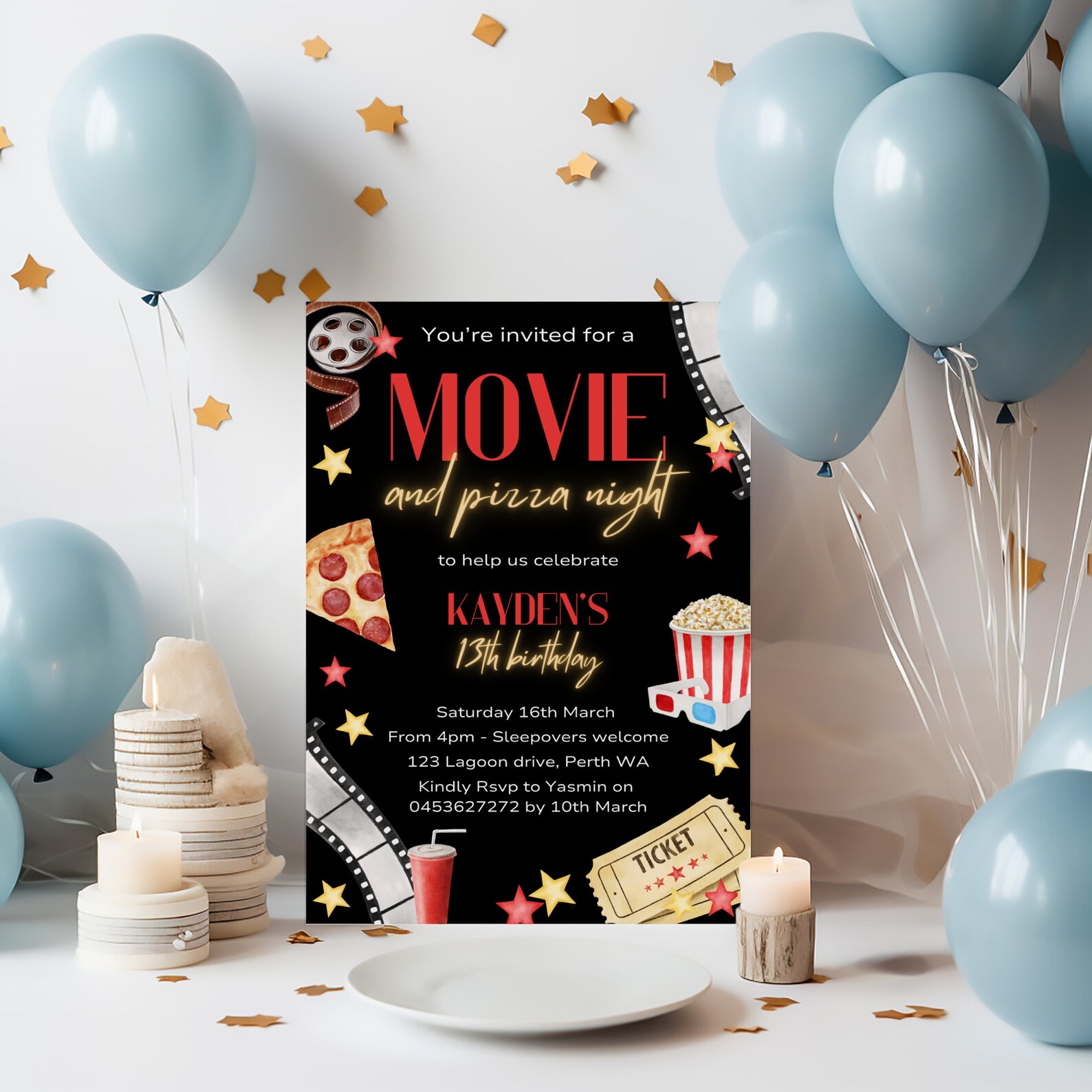 Pizza and Movie Night Birthday Party Invitation, Popcorn and Movie ...