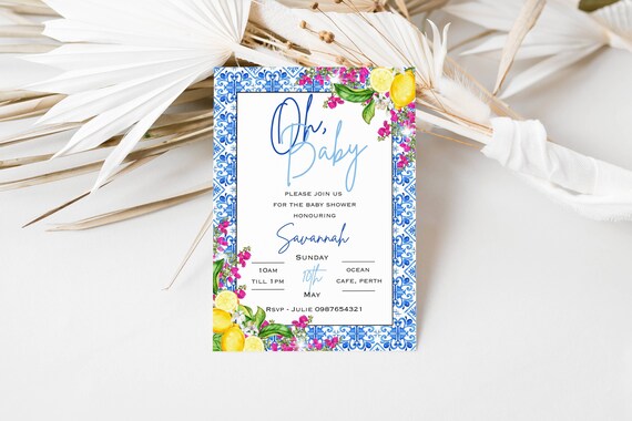 Editable Oh Baby Invitation Lemon Baby Shower invite Italian Blue tile invitation Positano invitation Amalfi Coast Baby Shower invite, 016
