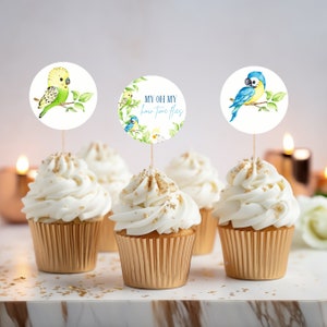 Bird birthday cupcake toppers, Cockatoo and parrot cupcake topper, Boys first birthday party templates, First birthday cupcake toppers, 015