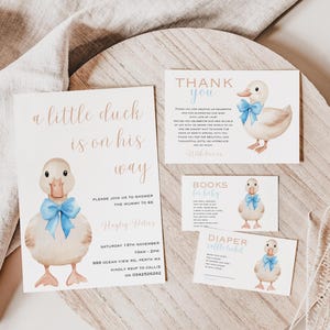 Zestaw zaproszeń na baby shower z motywem kaczek, Książki dla dzieci z motywem kaczek i karta losowania pieluszek, Karta z podziękowaniami dla chłopca, Zaproszenie na kaczątko