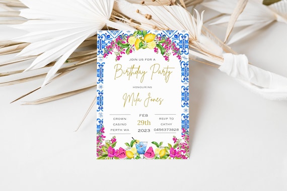 Editable Amalfi coast invitation birthday party invite girls birthday invitation Positano party invite lemon invitation blue tiles invite