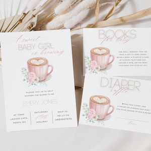 Een lief babymeisje brouwt uitnodigingsbundel, koffiethema babyshowersjablonen, boeken voor baby, luierloterijkaart, bedankkaart 019
