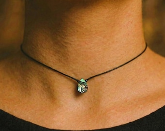 Abalone shell necklace, cotton Paua shell necklace in teardrop shape, shell choker, black abalone necklace, sea opal hippie necklace, minimalist