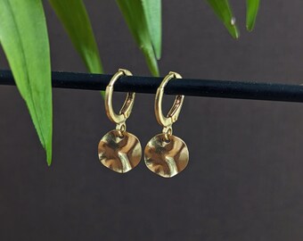 Boucles D'oreilles Créoles Plaquées Or - Disque Martelé Avec Zircon - Marque Tata Gisèle