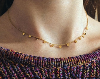 Collar dorado con monedas, cadena acero inoxidable, discos, cadena bañada en oro, discos pequeños, collar combinable, joyería hippie boho, regalo para mamá