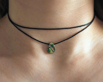 Abalone shell choker, double row, paua shell teardrop necklace, shell necklace, abalone necklace, sea opal hippie jewelry, colorful cotton cord