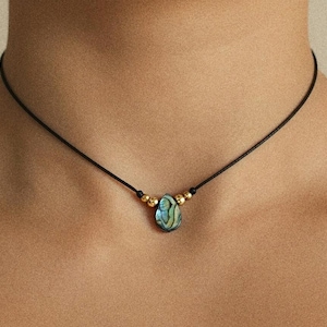 Collana hippie, girocollo in conchiglia di abalone, perline di ottone, cotone, collana in conchiglia di paua, girocollo in conchiglia a forma di lacrima, collana in abalone nero, regalo