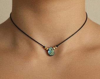 Hippie necklace, abalone shell choker, brass beads, cotton, paua shell necklace, teardrop-shaped shell choker, black abalone necklace, gift