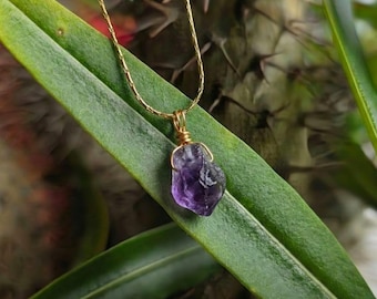 Piccola collana di ametista grezza, collana di ametista in oro e argento, girocollo con pietre preziose, impermeabile, gioielli naturali, ciondolo di cristallo, grezzo, regalo