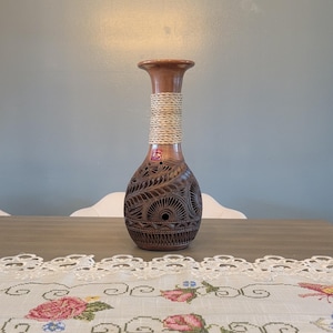 Oaxacan Decorative  Brown Clay Pottery Vase