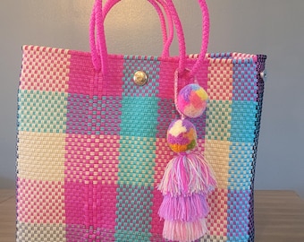 Mexican Handwoven Rainbow Checkered XL Bag/Tote Made With Recycled Plastic - Beach Bag - Grocery Bag - Everyday Adventure Tote