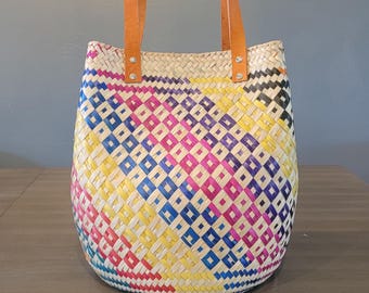 XL Handwoven Palm Tote Bag – Rainbow Mexican Beach Bag