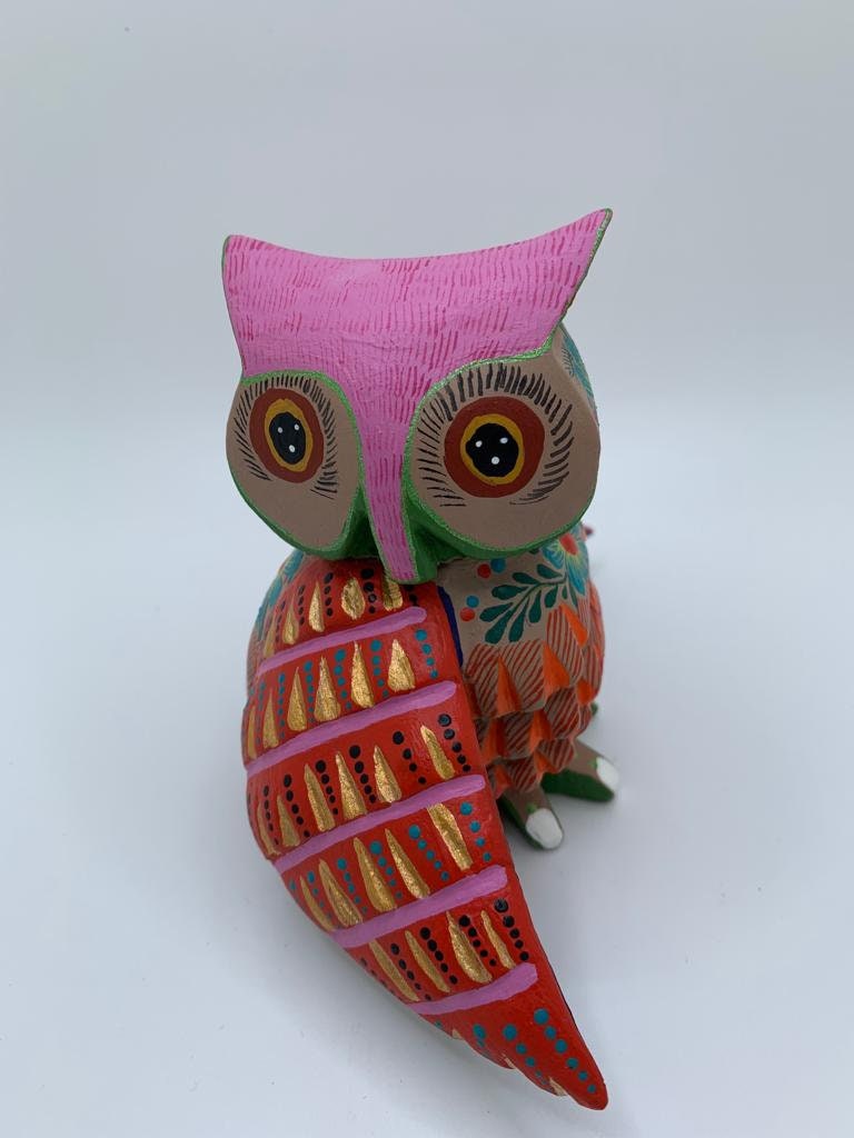 Pink Multi Colored Floral Owl Alebrije Traditional Solid Copal wood Sculpture Oaxaca Traditional Hom