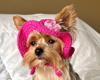Crochet Hot Pink Flower Bucket Pet Hat, Cute Girly Dog Clothes, Custom Funny Cat Outfit, Small Dog Accessories, Dog Mom Gift For Cat Lover