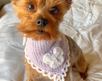 Hand Knitted Butterfly Pet Bandana, Custom Embroidered Purple Dog Collar, Fancy Cat Necklace, Summer Wedding Clothes for Small Dogs