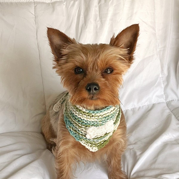 Hand Knitted Bone Pet Bandana, Custom Crochet Dog Collar, Embroidered Necklace, Small Summer Dog Clothes, Boy Dog Outfit, Blue and Green