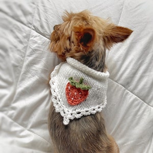 Hand Knitted Strawberry Pet Bandana, Custom Crochet Neckwear for Girl Cat, Pretty Dog Collar, Summer Clothes for Small Dogs, Embroidered