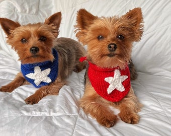 Hand Knitted Star Spangled Pet Bandana, 4th of July Dog Bandana, Summer Pet Outfit, Cute Cat Accessories, Embroidered Dog Mom Gift