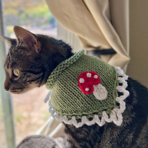 Hand Knitted Mushroom Pet Bandana, Custom Crochet Dog Bandana, Cute Cat Collar, Summer Necklace for Pet, Embroidered Bandana For Small Dog