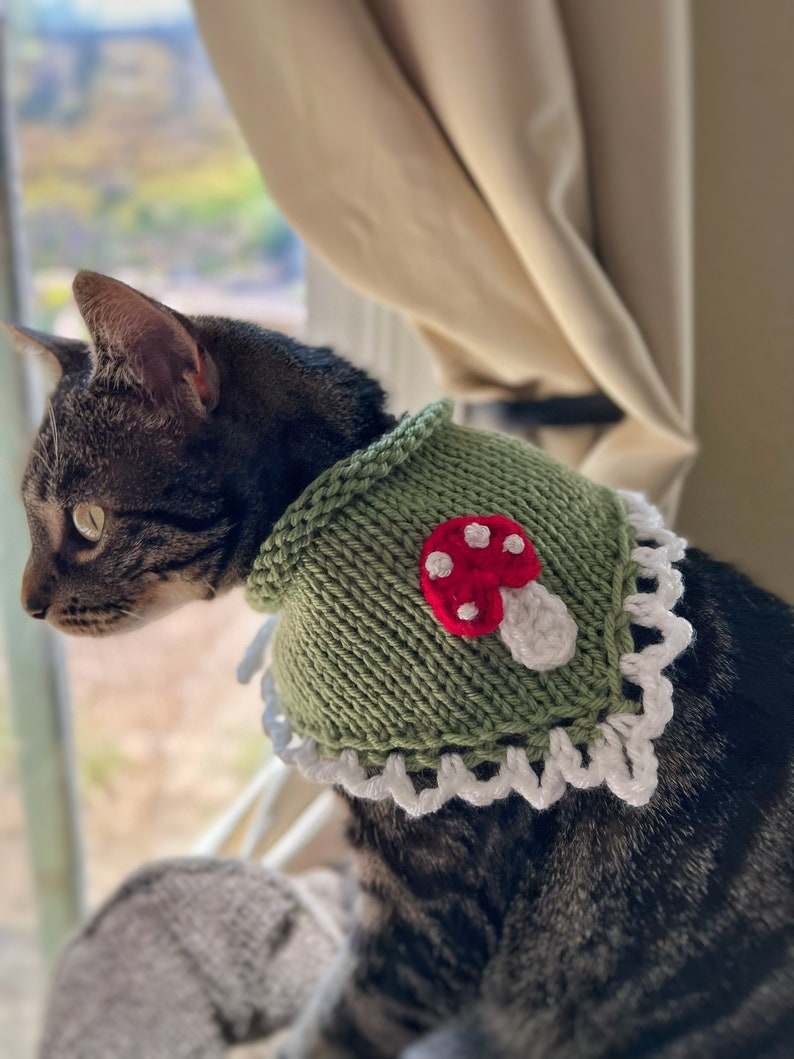 Hand Knitted Mushroom Pet Bandana, Custom Crochet Dog Bandana, Cute Cat Collar, Summer Necklace for Pet, Embroidered Bandana For Small Dog image 1