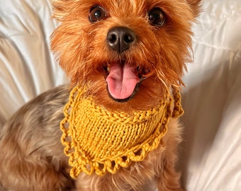 Hand Knitted Mustard Yellow Pet Bandana, Boho Girl Dog Accessories, Custom Crochet Cat Collar, Embroidered Dog Clothes, Handmade Pet Gift