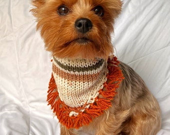 Hand Knitted Orange Frilled Pet Bandana, Custom Boho Cat Collar, Cute Dog Accessories, New Puppy Gift For Dog Mom, Trendy Pet Bunny Clothes