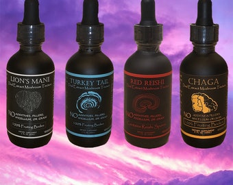 Organic Mushroom Tincture 4-Pack: Lions Mane, Chaga, Reishi, Turkey Tail,