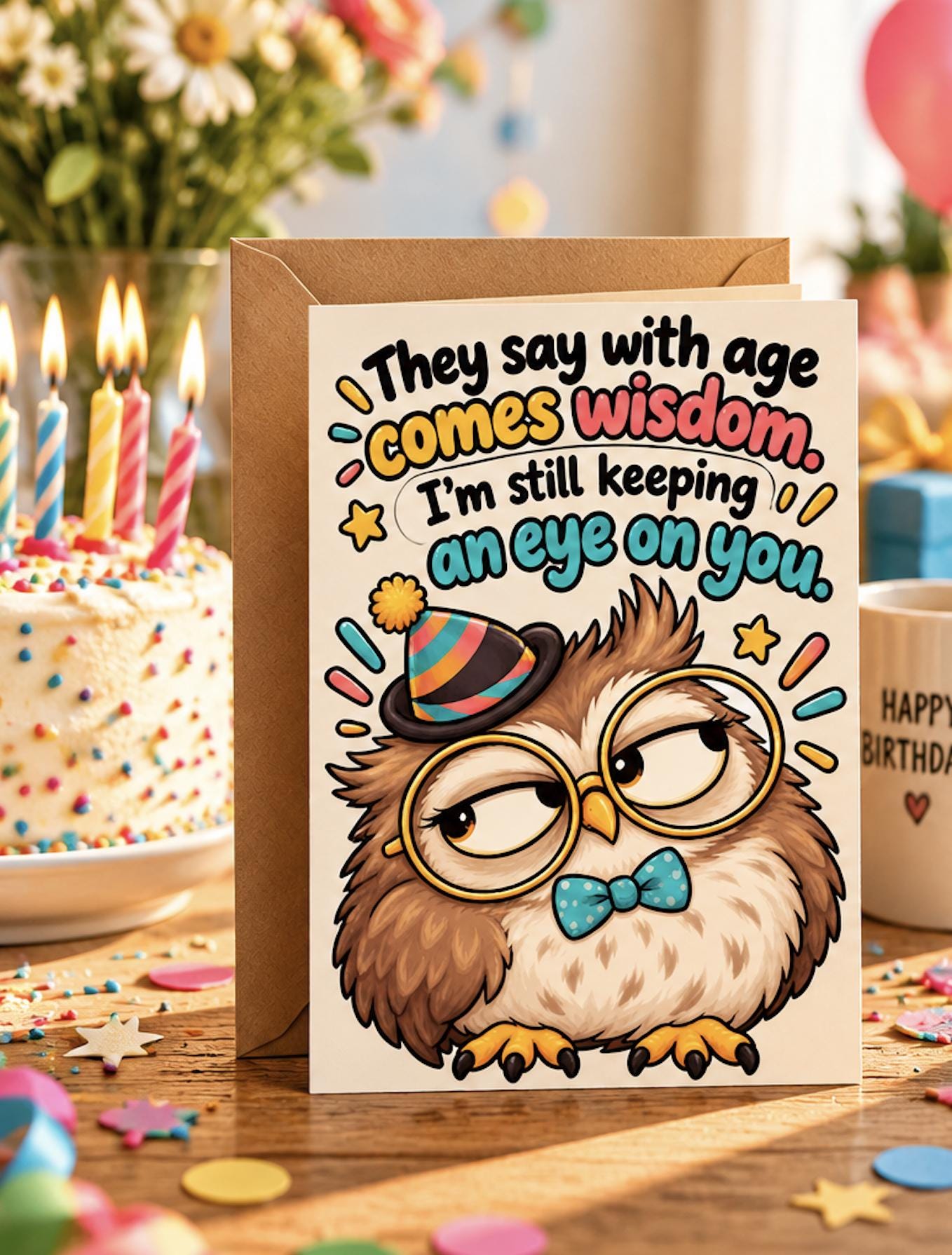 Funny Owl Birthday Card Printable, Age Comes Wisdom Card, Sarcastic Birthday Greeting, Keeping An Ey