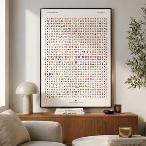 Könnte beinhalten: Ein vertikales, rechteckiges Wandposter mit einem Raster aus zahlreichen bunten Emoji-Symbolen, die in Reihen und Spalten auf weißem Hintergrund angeordnet sind. Der obere Text lautet STUDIO BLANK ART EDITION NO. 01, der untere Text lautet A collection of emojis, designed with love.