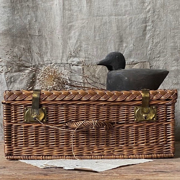 Vintage French trunk, wicker suitcase, antique wicker
