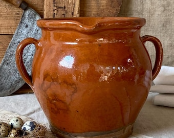 Olla de confitura de terracota esmaltada francesa antigua: loza rústica