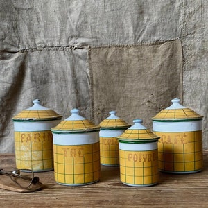 Antique French set of 5 enamelled  pots, enamelware spice pots. Spice jars
