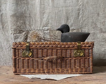 Vintage French trunk, wicker suitcase, antique wicker