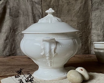 Antique French white tureen Vieillard middle XIXth century. Vintage bowl ironstone, collectible earthenware.