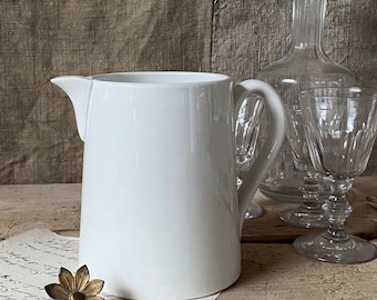 Antique French ironstone, white pitcher Digoin Sarreguemines, antique faience, XIXth.