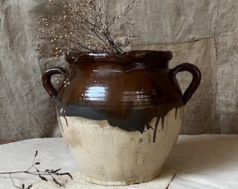 Vintage French XXL glazed terracotta pot, earthenware pot. Confit pot, Rustic pot