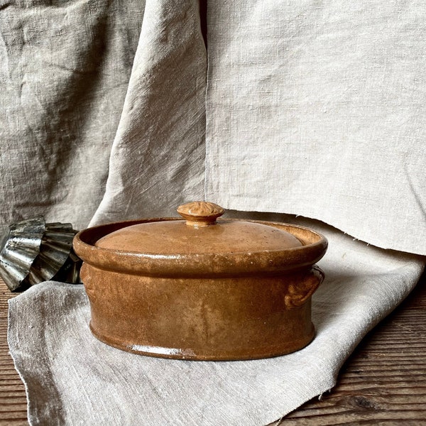 Antique French glazed terrine,old-fashioned kitchen