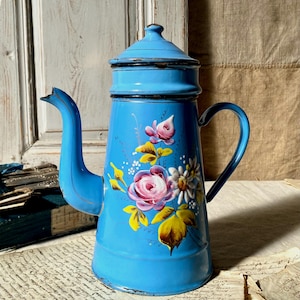 Può includere: Una caffettiera vintage in smalto blu chiaro con coperchio e manico. La caffettiera è decorata con motivi floreali dipinti a mano in rosa, bianco e giallo. Il beccuccio è lungo e curvo. Ha un'estetica classica e antica.